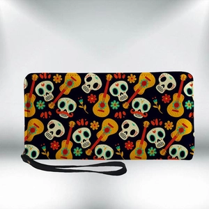 Chic long PU leather wallet featuring colorful Day of the Dead skull and guitar prints
