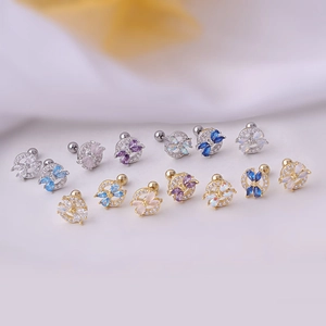 Titanium steel cartilage stud earrings with clover design and teardrop cubic zirconia