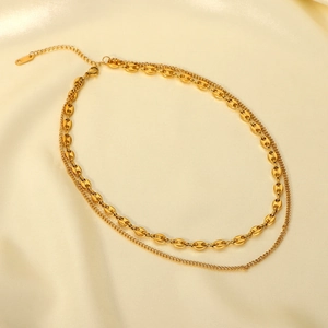 18K gold plated stainless steel double layer necklace with pig nose links and silk background