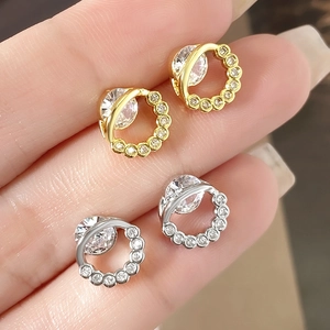 Vintage Ins Style Copper Zirconia Stud Earrings For Women 18K Gold Silver Plated Round Geometric Inlaid Earrings Jewelry Gift