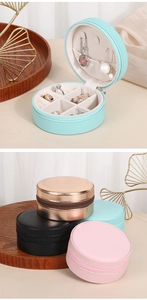 Macro shot of circular PU leather jewelry organizer with zipper and multi-slot interior