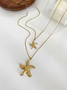 Close-up of dual-size starfish pendants in 18k gold plated stainless steel on white