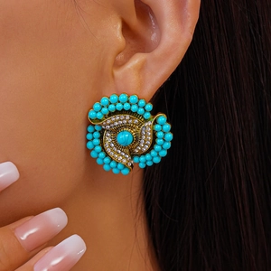 Retro turquoise beaded flower earrings with sparkling rhinestones in a gold-tone finish