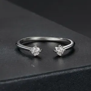 Minimalist S925 sterling silver open ring featuring two sparkling moissanite stones