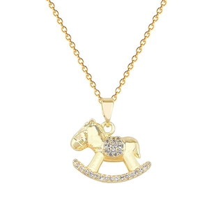 Elegant gold rocking horse necklace with white crystals on a delicate chain for women