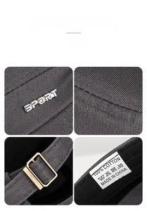 Detail of cotton cap featuring metal SPORT logo, bronze buckle, and 100% cotton label