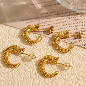 Retro golden titanium steel dragon stud earrings with detailed 3D dragon scales texture