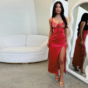 Elegant red satin midi dress with lace detailing and side slit for a slim fit evening look