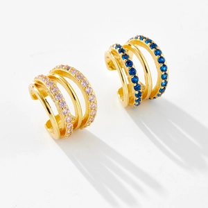 Elegant gold-plated S925 silver ear cuffs with four rows of pink and blue zircon stones