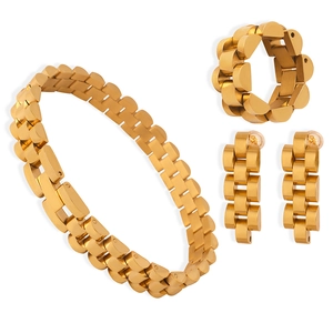 Golden stainless steel jewelry set featuring link chain bracelet, ring and hoop earrings