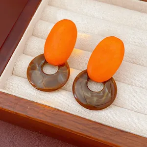 Geometric Resin Wood Drop Earrings With 925 Sterling Silver Earring Post Retro Marble Pattern Jewelry For Women