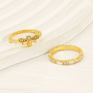 18K gold plated stainless steel ring set with bee design and sparkling cubic zirconia