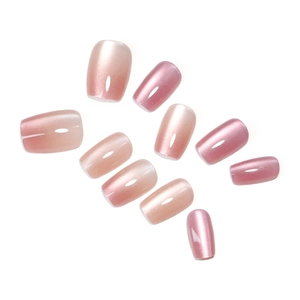 Champagne pink and rose glitter press-on nails in short square shape with shimmer finish