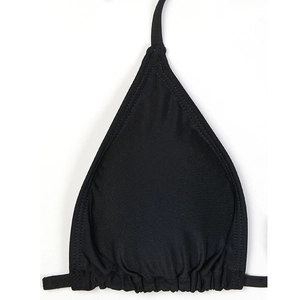 Detail of black triangle bikini top featuring premium elastic fabric and reinforced stitching