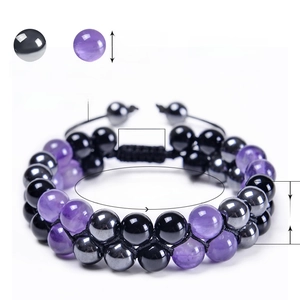 8mm natural amethyst and hematite double-layer adjustable beaded bracelet for couples