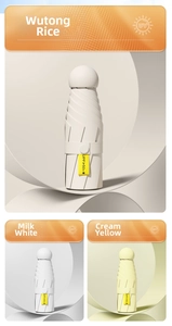 UPF 50+ compact capsule umbrellas shown in cream, yellow, and beige with 3D background