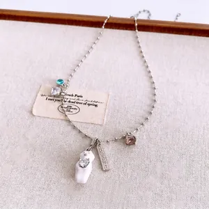 Luxury zircon bear necklace set with silver bead chain and multiple gemstone charms