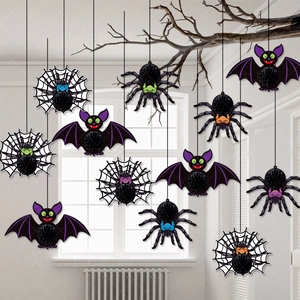 Halloween Hanging Decorations Honeycomb Paper Spiders Bats Web 3D Ornament Party Props Haunted House Decor