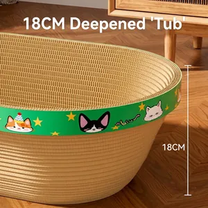 Durable deep round corrugated cardboard cat scratcher bed with 18cm height and cartoon patterns