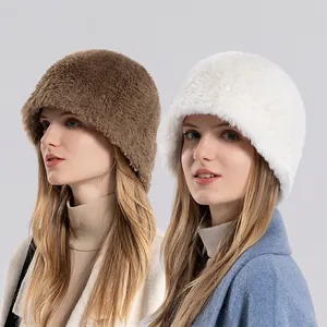 Chapeau Bob En Peluche D'hiver Pour Femmes Fausse Fourrure Épaissie Chaud Coupe-vent Extérieur Élégant Couleur Unie