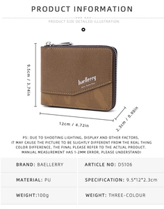 Detailed size chart showing dimensions of the brown PU leather short bifold wallet for men