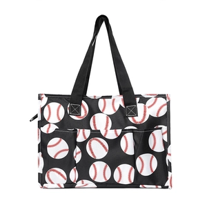 Large canvas tote bag with baseball print, multiple pockets and zipper for travel storage