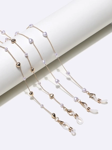 Copper Gold Plated Heart Imitation Artificial Pearl Glasses Chain Eyewear Lanyard Anti Slip Silicone Loops Neck Strap Women