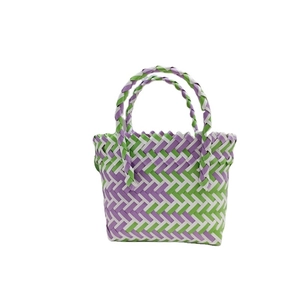 Cute summer woven tote bag with purple green and white checkered patterns for kids