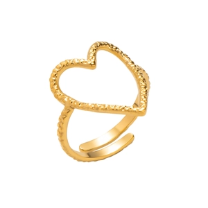 Macro detail of gold-plated heart ring featuring unique hammered texture and adjustable band
