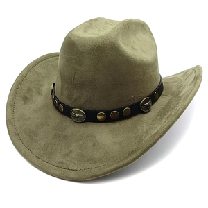 Detail of olive green suede cowboy hat featuring vintage bull head embossed metal rivets