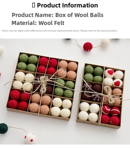 Set of 36 festive wool felt balls in a kraft box for Christmas tree decoration