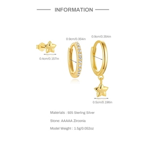 Detailed size specifications for gold S925 sterling silver heart and star earrings set