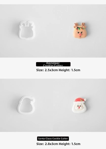 Detailed view of mini Christmas cookie cutters showing deer and Santa shapes and sizes