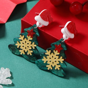 Colorful acrylic Christmas tree and Santa hat earrings with glitter and snowflakes