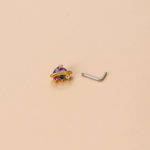 UFO shape nose stud with purple gemstone and colorful zircon drops in gold finish