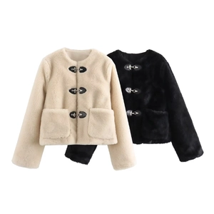 Women's autumn fleece jacket with round neck and metal toggle buttons in beige and black