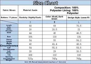 Detailed size chart for women's suede blazer including length, bust, and sleeve measurements