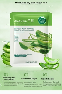 Detail of aloe vera facial sheet mask packaging with fresh plant slices and water drops