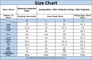 Detailed size chart for double-breasted short trench coat with measurements in CM