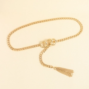 Minimalist gold metal chain belt featuring a triple-ring buckle and tassel details