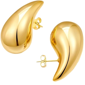 Polished hollow teardrop earrings in 18k gold plated stainless steel on white background