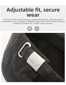 Detail of adjustable metal buckle with ARO logo on a twill baseball cap strap