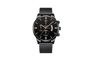 Detail of Geneva black dial watch with stainless steel mesh band and calendar function