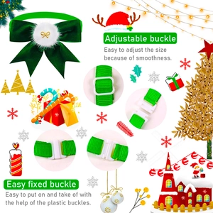 Adjustable green velvet pet Christmas bowtie collar with white pompom and gold charm