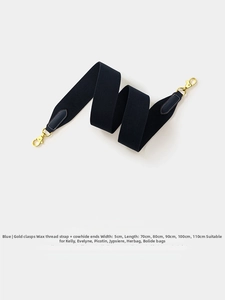 Detail of 5cm wide navy woven strap with genuine leather ends and gold metal buckle