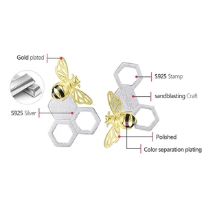 Detailed view of S925 silver honeycomb bee earrings with gold plating and sandblasting