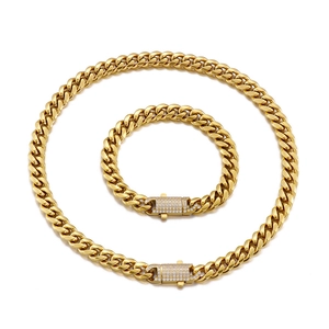 Hip Hop Cuban Link Necklace And Bracelet Stainless Steel Rhinestone Encrusted Buckle Iced Out Jewelry For Men