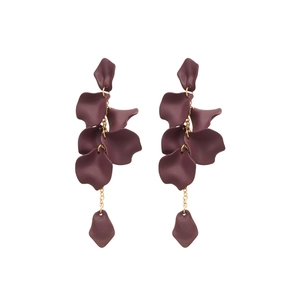 Elegant deep purple petal tassel earrings with matte finish on a minimalist white background