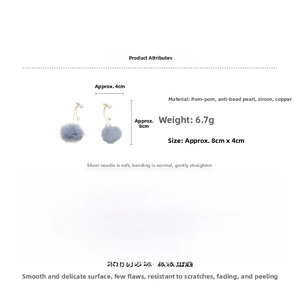 Detail view of blue fur ball earrings with pearls and zircons showing size and weight specs