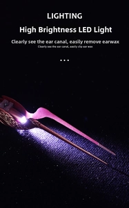 Macro shot of lighted ear tweezers with LED bulb for clear visibility and safe cleaning